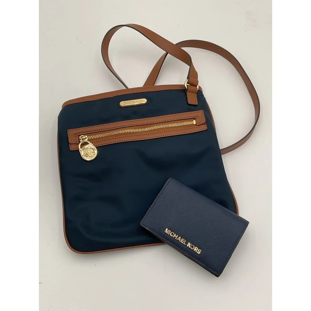 Michael Kors Navy Nylon Crossbody Bag & Navy Leather Wallet Set Gold Tone